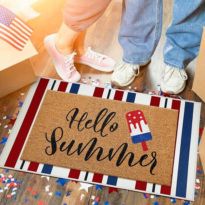 Moucuny 2 Pcs Patriotic Door Mat Hello Summer 4th of July Coir Door Mat Outdoor 250 Anniversary Red White Blue Stripe Welcome Rug Non-Slip Independence Day Doormat Outside Porch Front Decor
