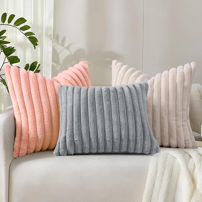 decorUhome Summer Cozy Faux Fur Throw Pillow Covers 24x24 Set of 2 Decorative Plush Striped Modern Farmhouse Boho Couch Euro Sham Pillow Cases with Velvet Back for Sofa Bed Living Room, Blush Pink