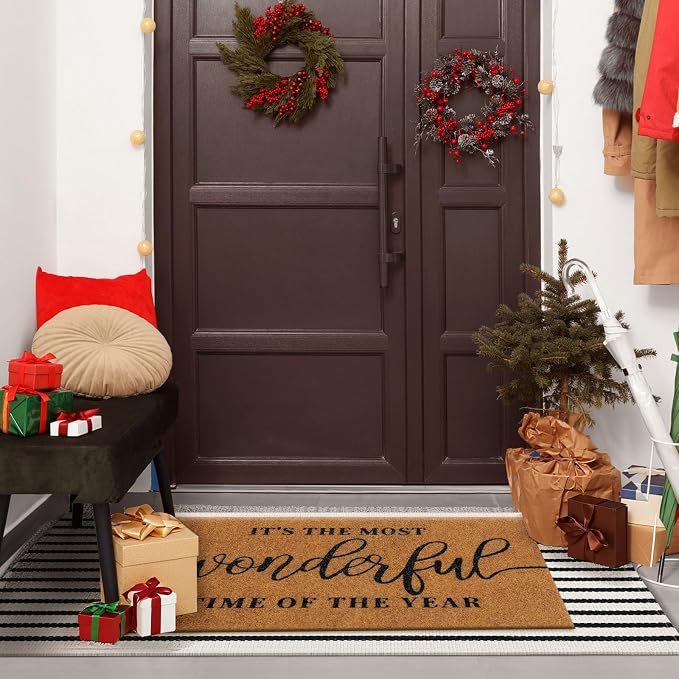 Moucuny 2 Christmas Coir Outdoor Mat, Non Slip | It Is The Most Wonderful Time of The Year Welcome Mat Black White Rug Front Porch Entryway Decor, 24'' x 35'', 16'' x 28''