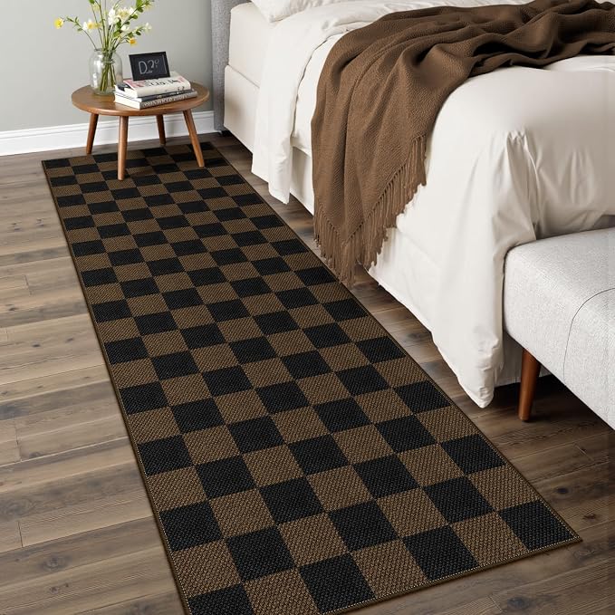 Rugalia Easy Jute Checkered Runner Rug, 2.6x8 Coffee Modern Washable Rugs Runner for Hallway Non-Slip Kitchen Runner Rug, Neutral Checkerboard Indoor Outdoor Carpet for Porch Laundry Entryway