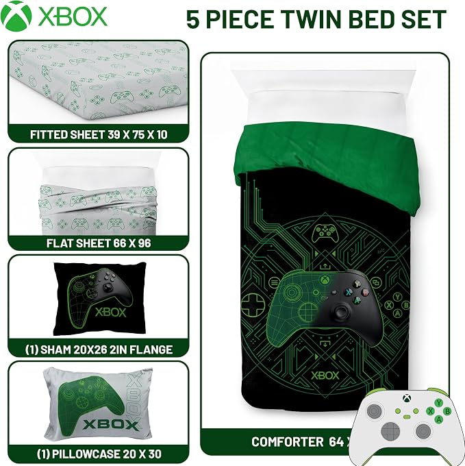 Jay Franco Kids Comforter Set Includes Sheets and Pillow Covers - Soft and Cozy Bed Set for Stylish Room Decor, Official Licensed Product, White - Xbox, 5 Piece Twin