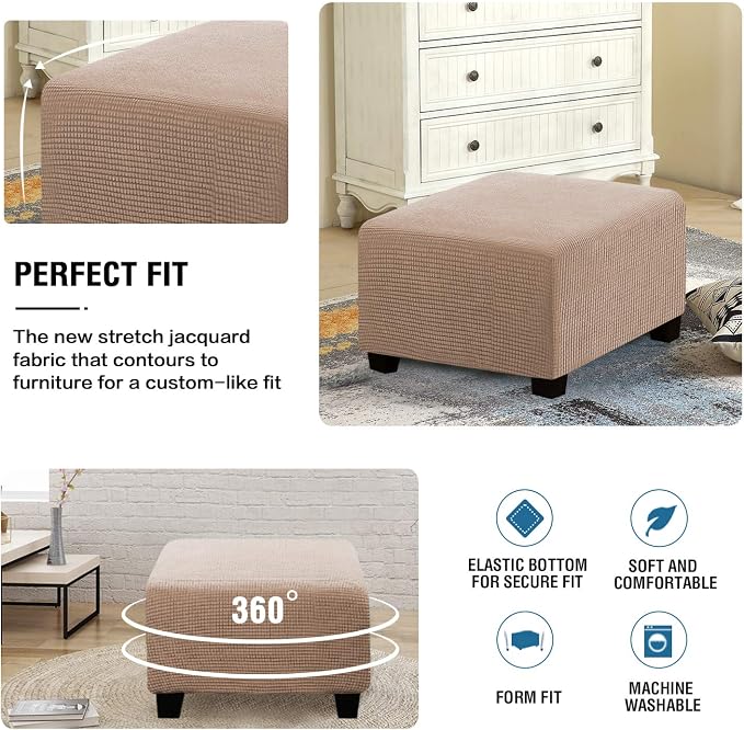 H.VERSAILTEX Square Ottoman Covers Ottoman Slipcovers Folding Storage Stool Furniture Protector Form Fit with Elastic Bottom, Stretch High Spandex Small Checks Jacquard Fabric(Large,Sand)