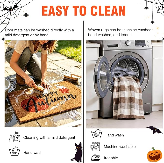 2 Pcs Autumn Outdoor Doormat Welcome Coir Doormat Rug Layered Red White Buffalo Plaid Mat for Front Porch Entryway
