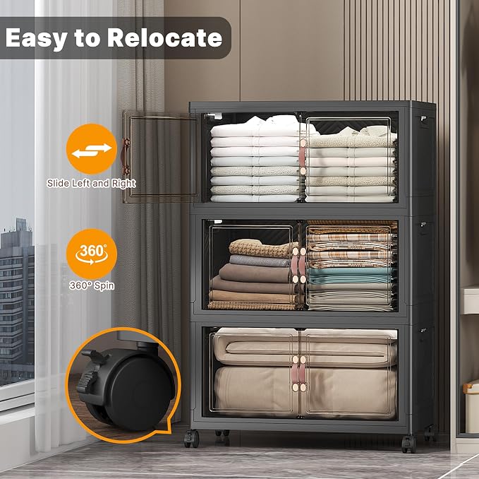 UAMFURI Stackable Storage Bins, 672QT Collapsible Drawers with 2 Lids | Large Capacity, Magnetic Door, Stack Lock, Rolling Wheels, Foldable Design, Organizers and Storage for Bedroom Dorm Garage