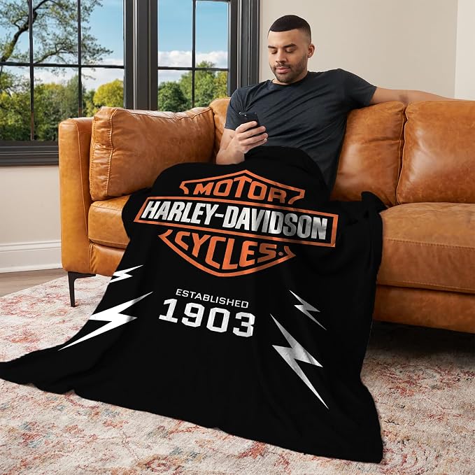 Harley-Davidson Electric Shield Silk Touch Throw Blanket, 46 x 60 in | 100% Polyester, Velvety Feel, Lightweight Warmth, Couch Bed Chair Lounging, Giftable Indoor Comfort