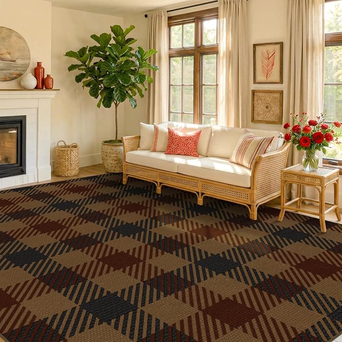 JTJ Vintage Large Plaid Area Rug for Living Room - Classic 8x10 Easy Jute Classic Brown and Red Rug for Bedroom, Dining Room, Outdoor Porch, Neutral Dark Brown Retro Décor