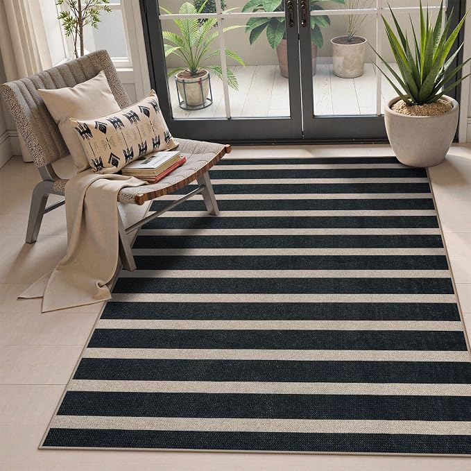 Lahome Striped Easy Jute 3x5 Outdoor Patio Rug, Washable Rugs for Porch | Entryway Indoor Living Room Black Area Rug, Geometric Modern Farmhouse Neutral Door Mat, Non Slip Carpet for Backyard