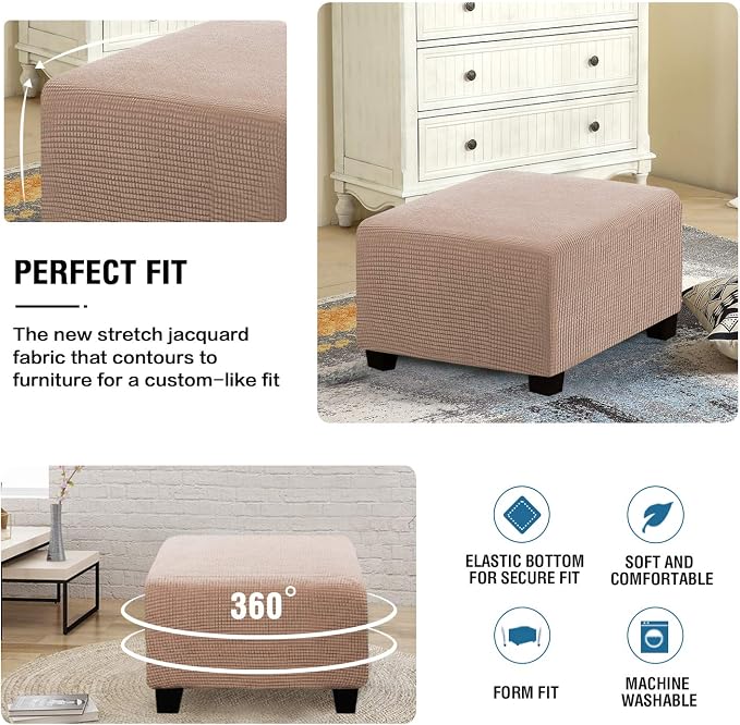 H.VERSAILTEX Square Ottoman Covers Ottoman Slipcovers Folding Storage Stool Furniture Protector Form Fit with Elastic Bottom, Stretch High Spandex Small Checks Jacquard Fabric(Medium,Sand)