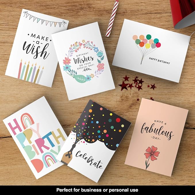 Dessie 60 Unique Birthday Cards Assortment 5x7 with Generic Birthday Greetings Inside. Suitable For Men, Women and Kids. Send As Is Or Personalize. Includes Envelopes and Gold Stickers