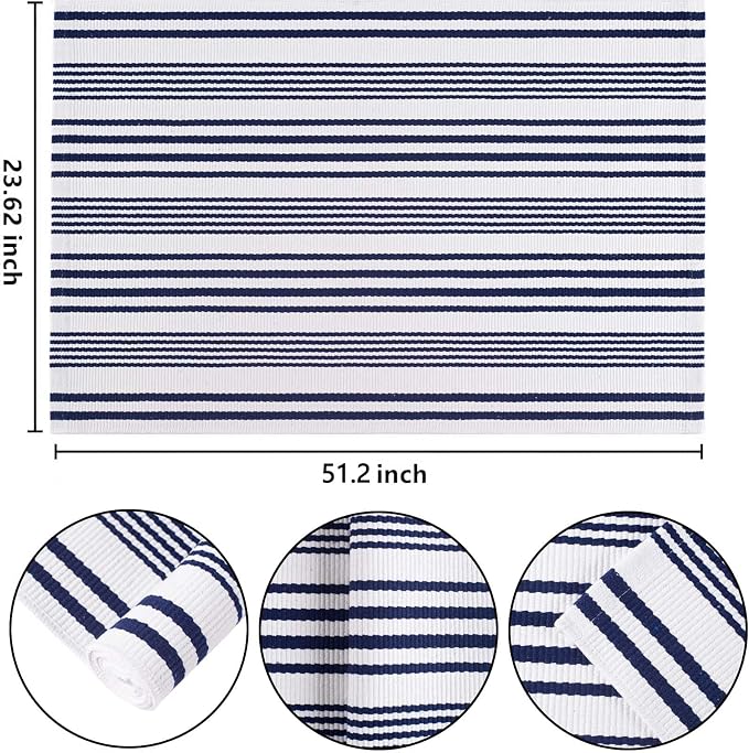 Blue and White Outdoor Rug 24'' x 51''Front Porch Rug Hand-Woven Machine Washable Indoor Layered Door Mats for Entryway/Bedroom