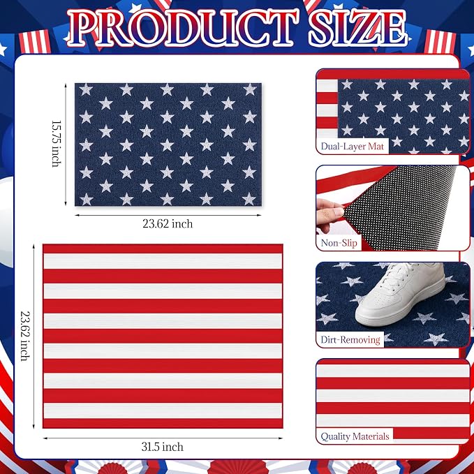 2PCS 4th of July Door Mat Combination, Patriotic Stars and Stripes Front Porch Decor, Independence Day Layered Welcome Mat, Red White and Blue Outdoor Rug for Memorial Day Entryway Decoration