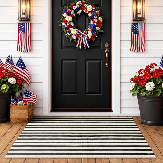 OJIA Front Door Mat Outside Entrance 24"x51" Striped Outdoor Mat Porch Rug | Machine Washable Indoor Outdoor Rug Layered Doormat Front Door Rug Cotton Woven Entryway Rug for Kitchen/Farmhouse/Home Decor