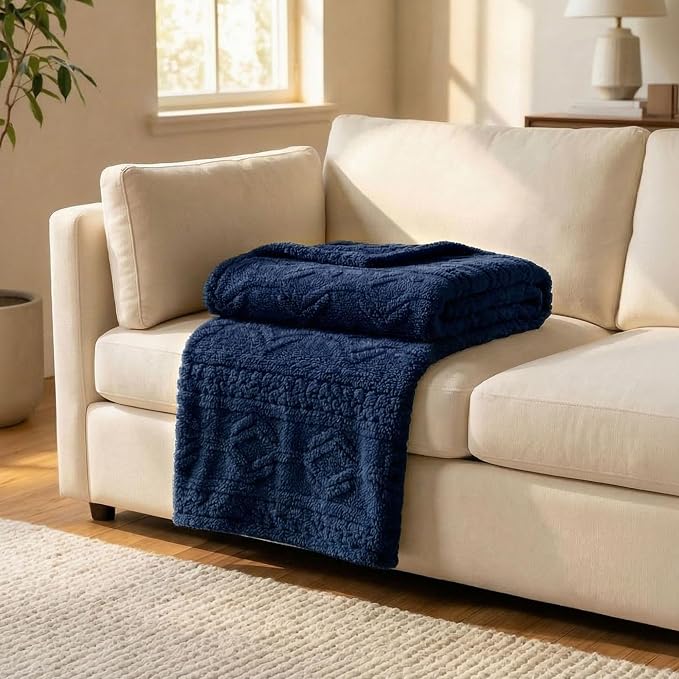Superior Fleece Boho Jacquard Blanket, Decorative Blankets for Bedroom, Sofa, Fuzzy, Plush, Fluffy, Soft, Cute Room Decor, Beautiful Cover, Comfort Essentials, Arctic Collection, Throw, Navy Blue