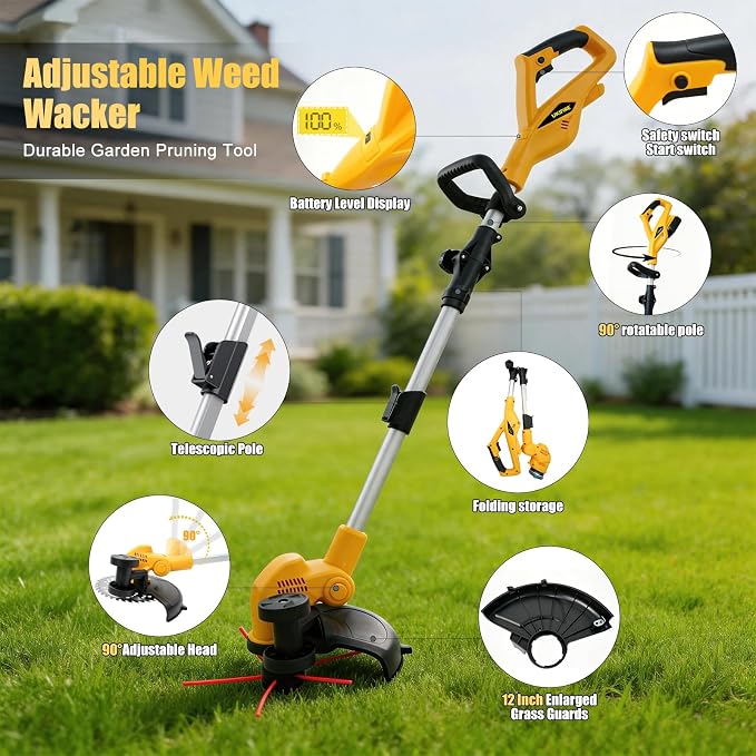 Cordless Lawn Mower (Compatible with DEWALT Battery), 1000W Brushless String Trimmer & Wheeled Edger Combo Kit, with 3-Position Cutting Height & LCD Display, Electric Weed Wacker for Garden(Tool Only)
