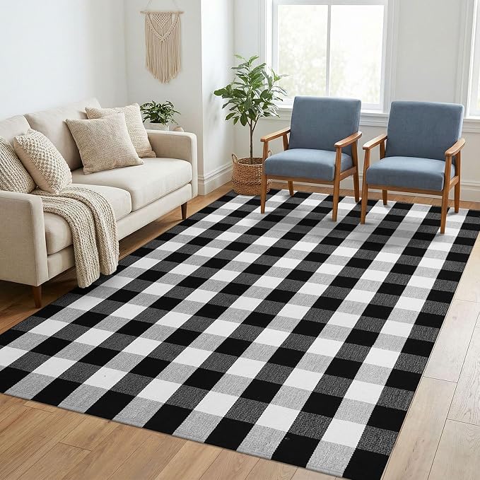 KILOCOCO Buffalo Plaid Checkered Rug 5x7 ft Black White Living Room Rug | Machine Washable Rug for Front Porch, Indoor Outdoor Rugs, Cotton Dining Room Carpet, Low Pile Farmhouse Bedroom Rug