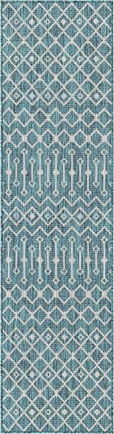 Unique Loom Outdoor Trellis Collection Area Rug - Tribal Trellis (2' x 8' Runner, Teal/ Ivory)