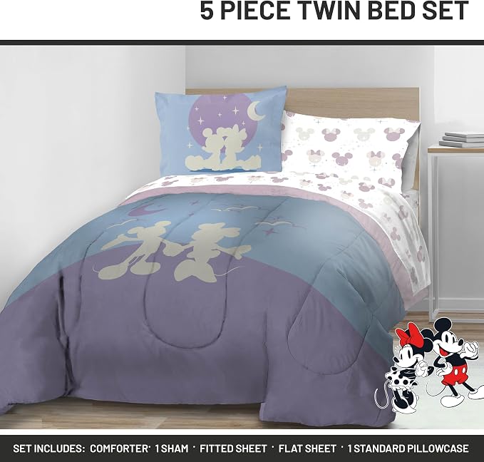 Disney Mickey and Minnie Mouse Twin Comforter Set 5 Piece Bedding, Grey | Bed in a Bag, Comforter Sheets Sham Pillowcase, Official Product, Soft Microfiber, Machine Washable, Easy Care, Kids Gift