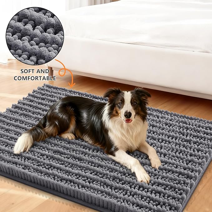 Smiry Dog Door Mat for Muddy Paws 48x30, Absorbent Dirt Trapper, Non-Slip Washable Chenille Entryway Rug for Inside Floor, Dark Grey, Layered Pattern