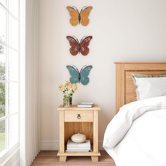 Lavish Home Butterfly Metal Wall Art, 3-Piece-Set | Hand Painted Decorative 3D Butterflies for Rustic Farmhouse Office or Home Decor