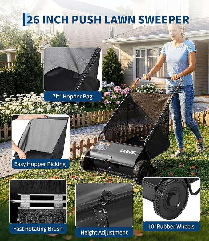 Push Lawn Sweeper, 26-Inch Width, 7 Cu. ft. Hopper Capacity, 4 Spinning Brushes