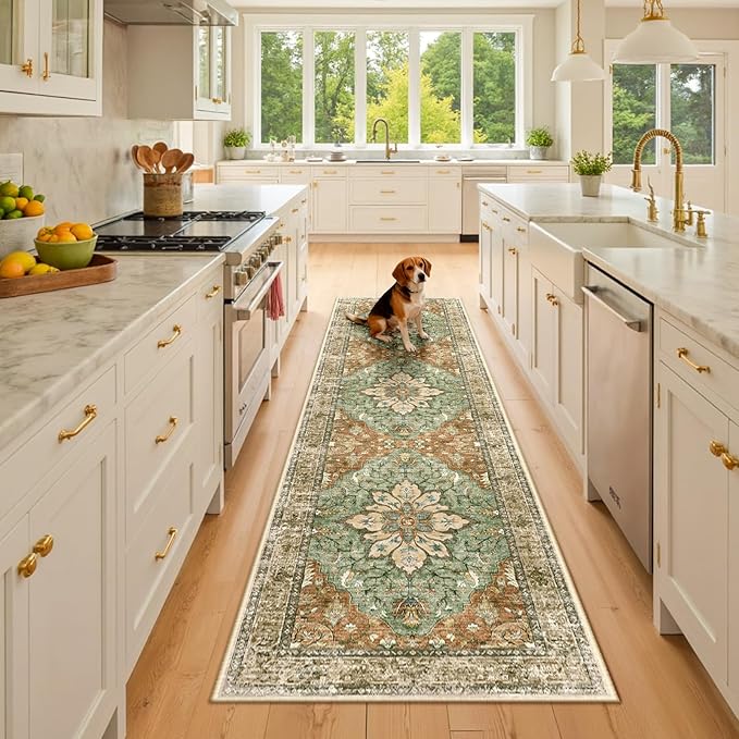RELEANY Area Rugs 2'6''x8' Runner Rug Non Slip Washable for Kitchen Hallway Bedroom Beside Laundry Room Bathroom Rug, Floor Carpet, Brick Red Rust Neutral Brown Burnt Orange Green