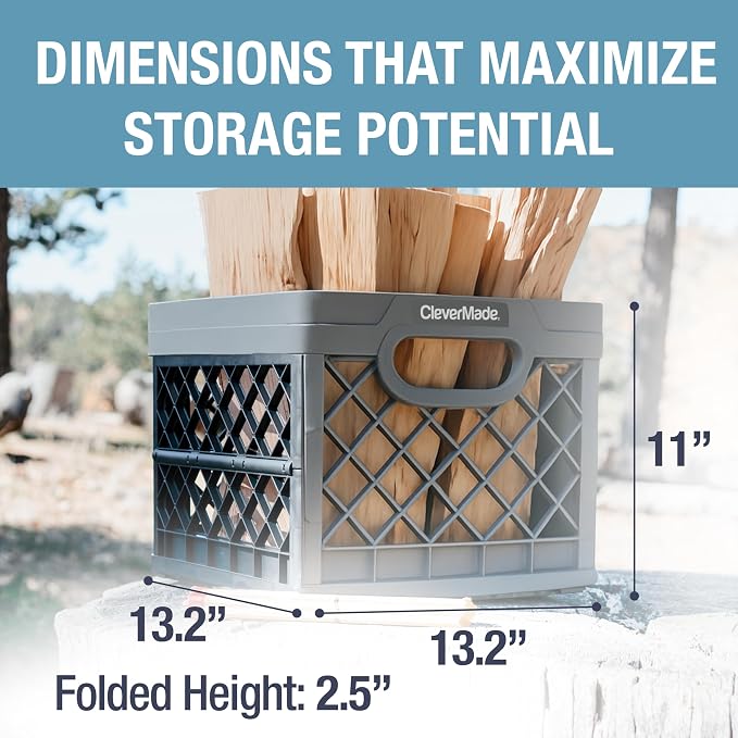 CleverMade Collapsible Milk Crate, 25L, 3 Pack, Stone | Built-in rails hold letter-size hanging files. Interlocking crates stack open or folded and carry up to 50 lb each.