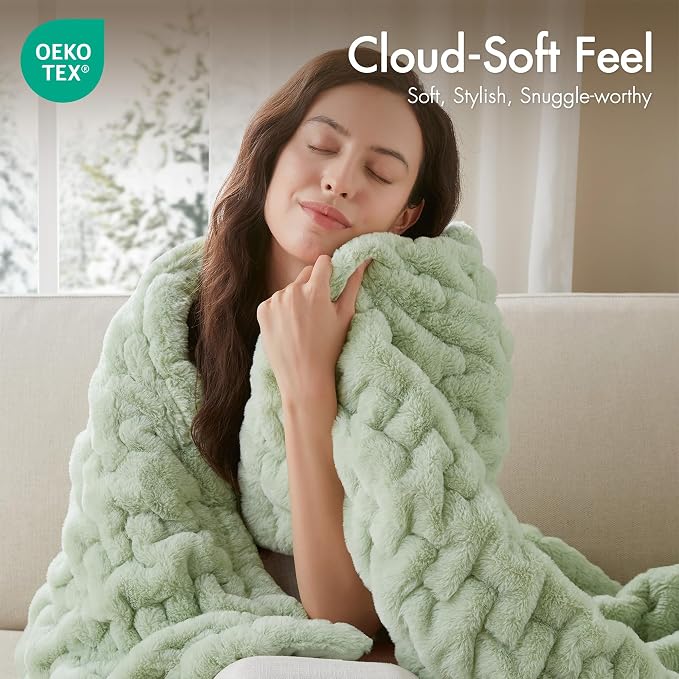 Madison Park Ruched Fur Throw Faux Fur Blanket, 50" x 60", Sage Green | Luxury, Premium, Soft Cozy Brushed Long Pile, All Season Plush Modern OEKO- TEX Certification Warm For Bed, Couch or Sofa