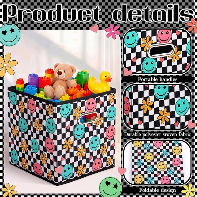 Gerrii 6 Pack 11 Inch Cube Storage Bins for Classroom Foldable Fabric Storage Cube Bins Checkered Smile Face Organizing Baskets with Grommet Handles for Back to School Organizer Shelves Decor