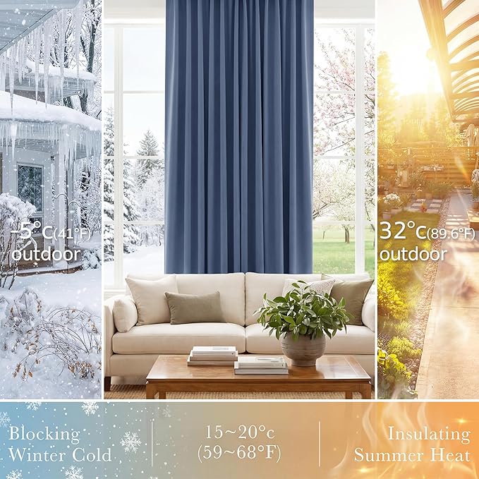 PONY DANCE Blackout Curtains for Bedroom, Room Darkening 96 inch Curtains 2 Panel Set, Thermal Insulated Drapes for Living Room Window Treatment, Back Tab/Rod Pocket, 52 x 96 Inch, Blue Haze