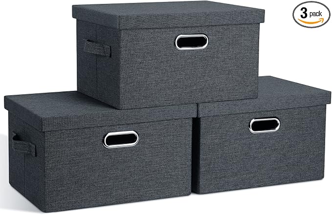 Graciadeco Medium 15" 21 Quart Collapsible Stackable Storage Bins with Lids, 3 Packs Dark Grey Foldable Fabric Closet Boxes Heavy-duty Linen Cube Baskets Container for Bedroom Office (15 x 11 x 8) | 21 Quart 3 Pack Dark Gray Collapsible Stackable Linen...
