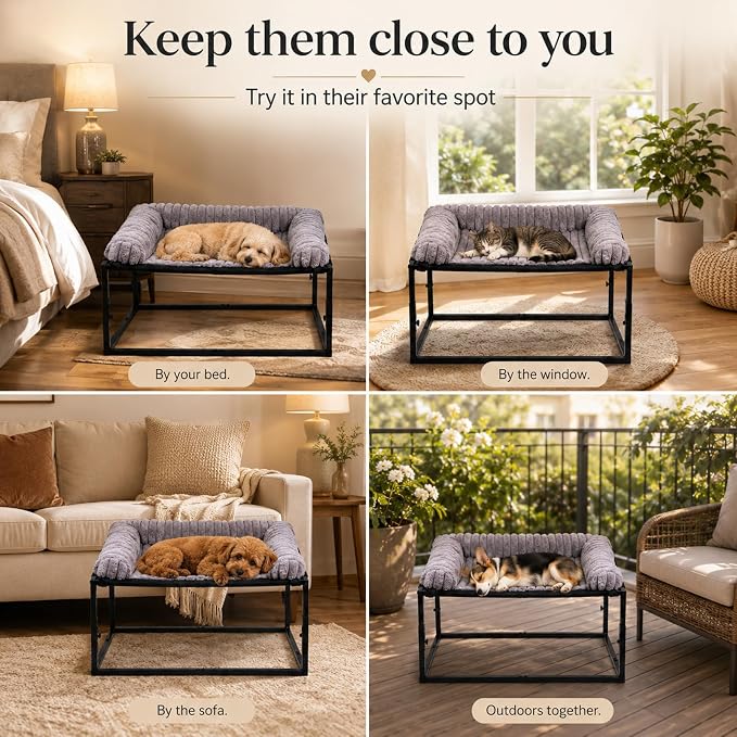 Adjustable Bedside Dog Bed for Large Dogs, Elevated Co-Sleeper Dog Bed with Reinforced Metal Frame, Thick Supportive Cushion Mattress & Washable Cover, Dog Bedside Sleeper for Dogs & Cats