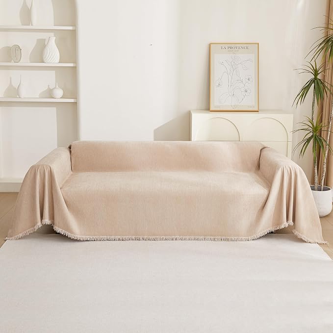 MYSKY HOME Chenille Couch Covers for Sectional Sofa, Couch Cover for Dogs, Washable Sofa Cover, Soft Furniture Protector, Sofa Covers for Futon, Loveseat, Cushion Cover with Tassel, 71"x 102", Khaki