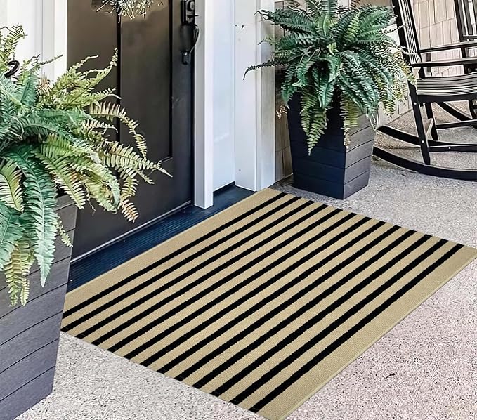 Front Door Mat Outdoor 2'x3',Black and Khaki Striped Outdoor Rug Washable Cotton Layered Door Mat Entryway Throw Rug for Indoor Entrance