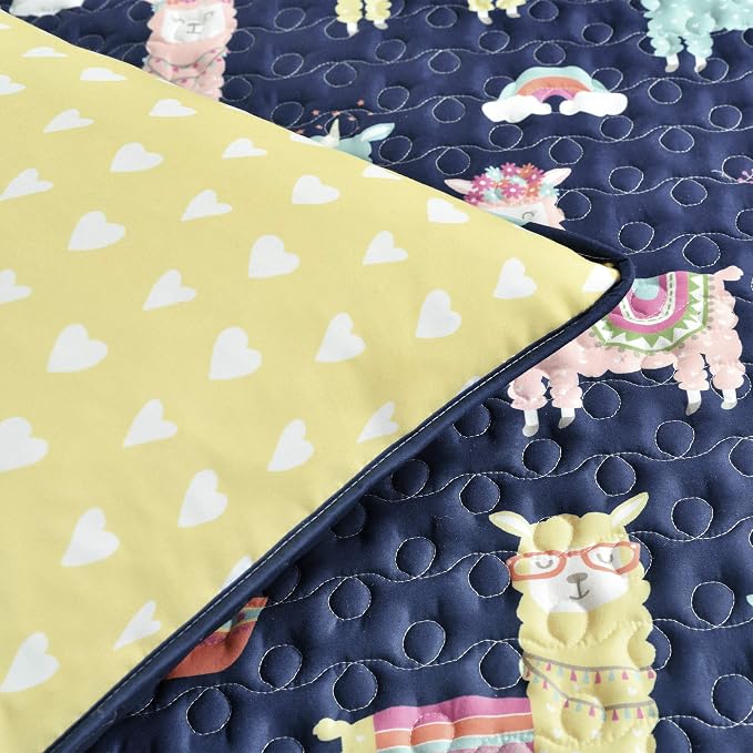 Lush Decor Southwest Llama Cactus Quilt, 3 Piece Set, Full/ Queen, Navy & Yellow - Cute Kids Reversible Boho Toddler Bedding Set