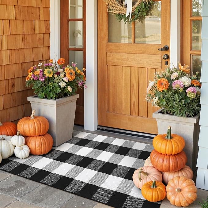 KIMODE Buffalo Plaid Outdoor Rug Runner Doormat 24'' x 51", Black/White Cotton Woven Checkered Fall Farmhouse Porch Rugs, Washable Indoor Door Mat for Front Layered Kitchen Bathroom Laundry Room