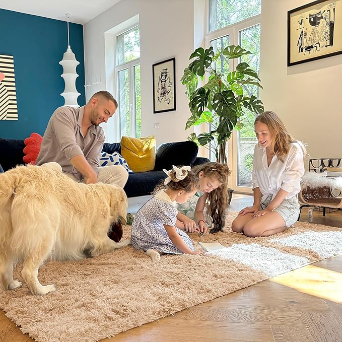 OLANLY 5x5 Area Rugs for Living Room Bedroom, Machine Washable Soft Fluffy Shaggy Bedside Rug, Indoor Floor Carpet for Kids Girls and Boys, Dorms, Nursery Rooms, Home Decor Aesthetic, Beige