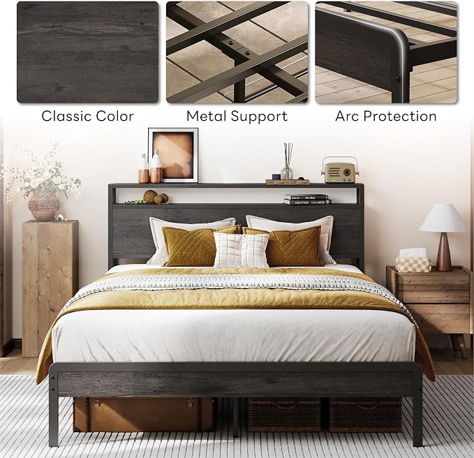 LIKIMIO Full Size Bed Frame with 2-Tier Storage Shelf Headboard | Dark Wood Platform Bed, Camas Full with Strong Metal Supports, Sturdy, Noise-Free, No Box Spring Needed, Grey