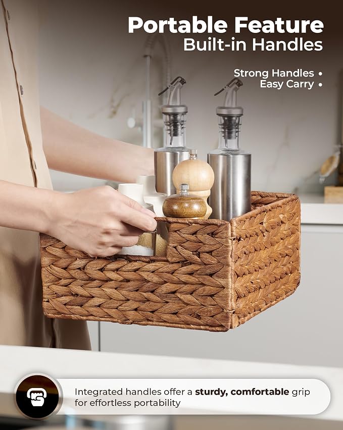 Bluewest Woven Water Hyacinth Storage Baskets with Handles, 6-Pack, Brown | Organizer and laundry basket with carrying handles, designed as a rattan bin for shelves, closets and household essentials.