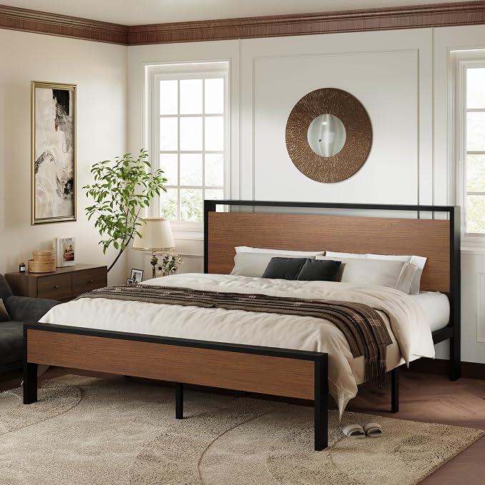Allewie King Size Bed Frame, Heavy Duty 12 Metal Slats Support, Walnut | Wooden Headboard and Footboard, Modern Platform Bed, No Box Spring Needed, Under-Bed Storage, Noise Free, Easy Assembly