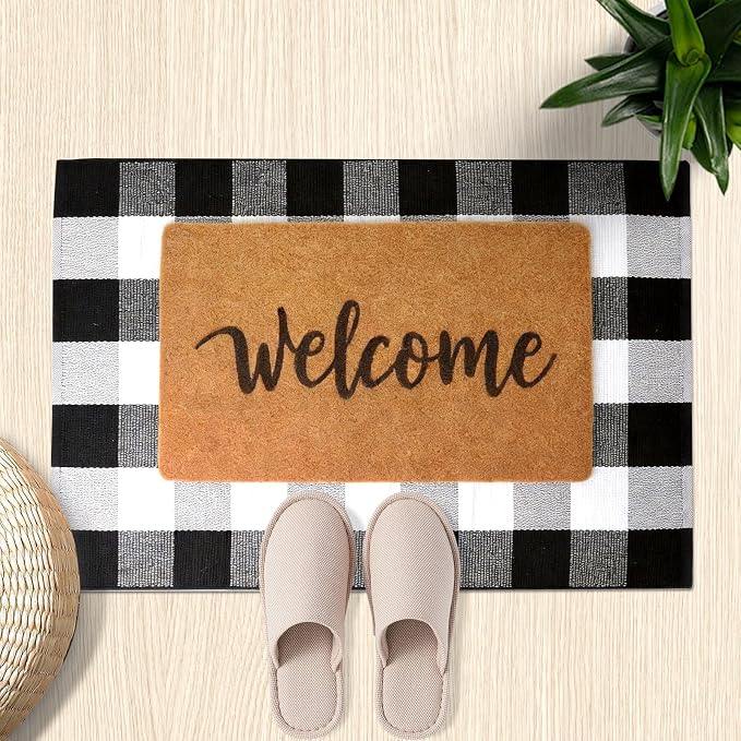 2 Pcs Home Decor Door Mat Combo Set, Coir Welcome Mat & 27.5 x 43 Inches Black and White Plaid Rug,Layered Buffalo Plaid Mat for Front Porch Entryway, Indoor Outdoor Welcome Mats