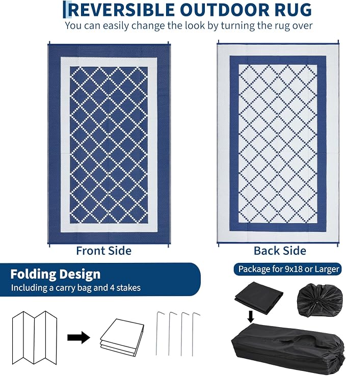 Outdoor Rug 9x18ft Waterproof Reversible Modern Diamond Plastic Straw Mat UV & Weather Resistant Easy Clean Camping Carpet for Patio Garden Deck Camper Beach Color: Navy