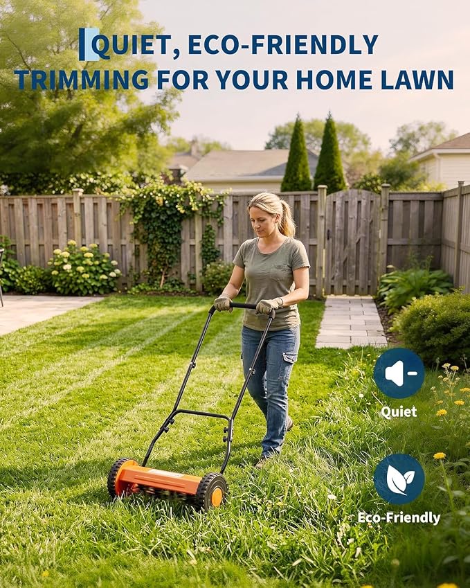 PeakPursuit Manual Push Reel Lawn Mower – 16-Inch 5-Blade, Adjustable Cutting Height, Lightweight, Compact Storage, Easy Assembly, Efficient for Small to Medium Yards – Red