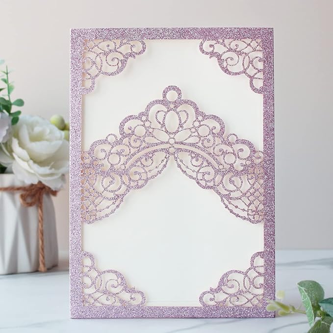 Hosmsua 50PCS 5.1x7.3 Inch Blank Purple Glitter Quinceanera Invitations Kit Laser Cut Floral Crown Pocket Quinceañera Invitation with Envelopes for Birthday Bridal Shower Quince Invite