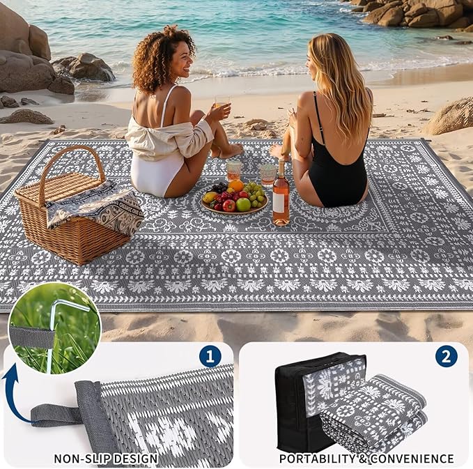 Garvee Reversible Outdoor Rug 6x9 for Patio, Waterproof Outdoor Area Rug, Modern Medallion Indoor Outdoor Rugs, Plastic Straw Rug for RV, Camping, Deck, Vintage Grey
