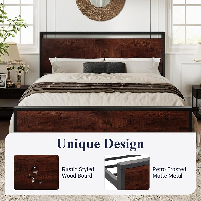 Allewie Queen Size Bed Frame, Heavy Duty 12 Metal Slats Support, Mahogany | Wooden Headboard and Footboard, Modern Platform Bed, No Box Spring Needed, Under-Bed Storage, Noise Free, Easy Assembly