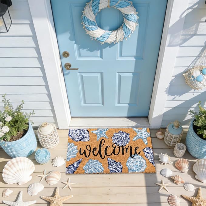 JarThenaAMCS Seashell Beach Doormat Natural Coir Welcome Floor Mat Blue White Coastal Starfish Conch Non-Slip Entrance Door Rug for Summer Indoor Outdoor Home Bathroom Decor