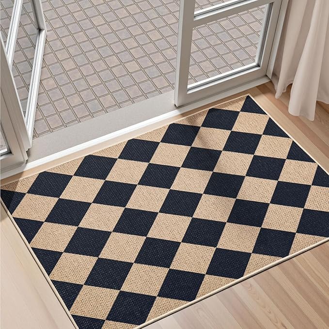 EDIMENS Checkered Easy Jute 2x3 Entryway Rugs Front Door Mat Entry Rug | Non Slip Small Area Rug Kitchen Mat Checkered Rug Farmhouse Low Pile Washable Black Indoor Outdoor Doormat for Porch Doorway