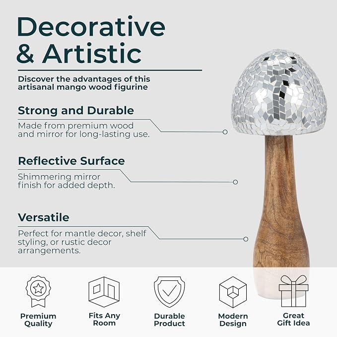 Mango Wood Figurine Sculpture – Artful Room Decor Accent, Shelf, Console, or Table Display, Boho Home Decor Mosaic Detail for Collected Spaces – 10", Silver and Natural Wood