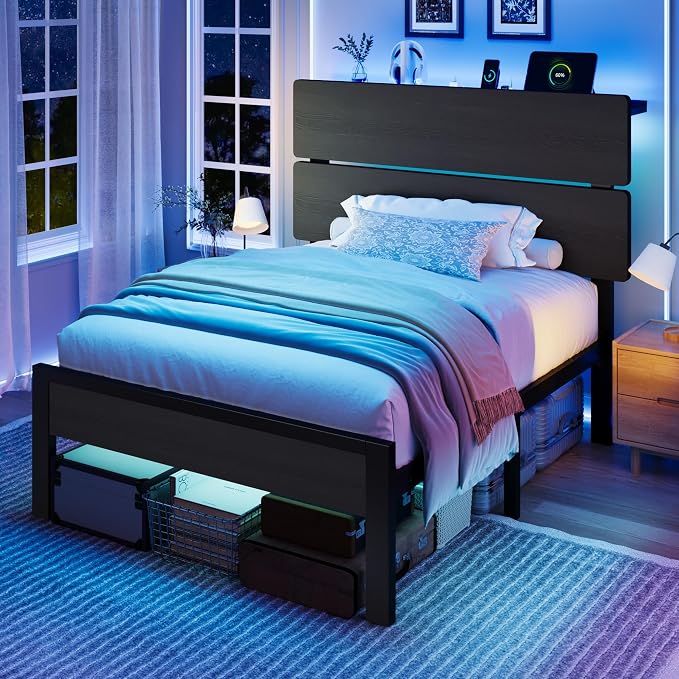 SHA CERLIN Twin Size Bed Frame, Led Light, Charging Station, Storage Shelf | Wooden Headboard, Heavy Duty Slats Support, Metal Platform Bed, Under Bed Storage, No Box Spring Needed, Noise Free, Black