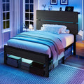 SHA CERLIN Twin Size Bed Frame, Led Light, Charging Station, Storage Shelf | Wooden Headboard, Heavy Duty Slats Support, Metal Platform Bed, Under Bed Storage, No Box Spring Needed, Noise Free, Black